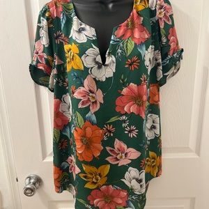 DR2 Green Floral Split-Neck Blouse with Pink, Orange & Yellow Flowers